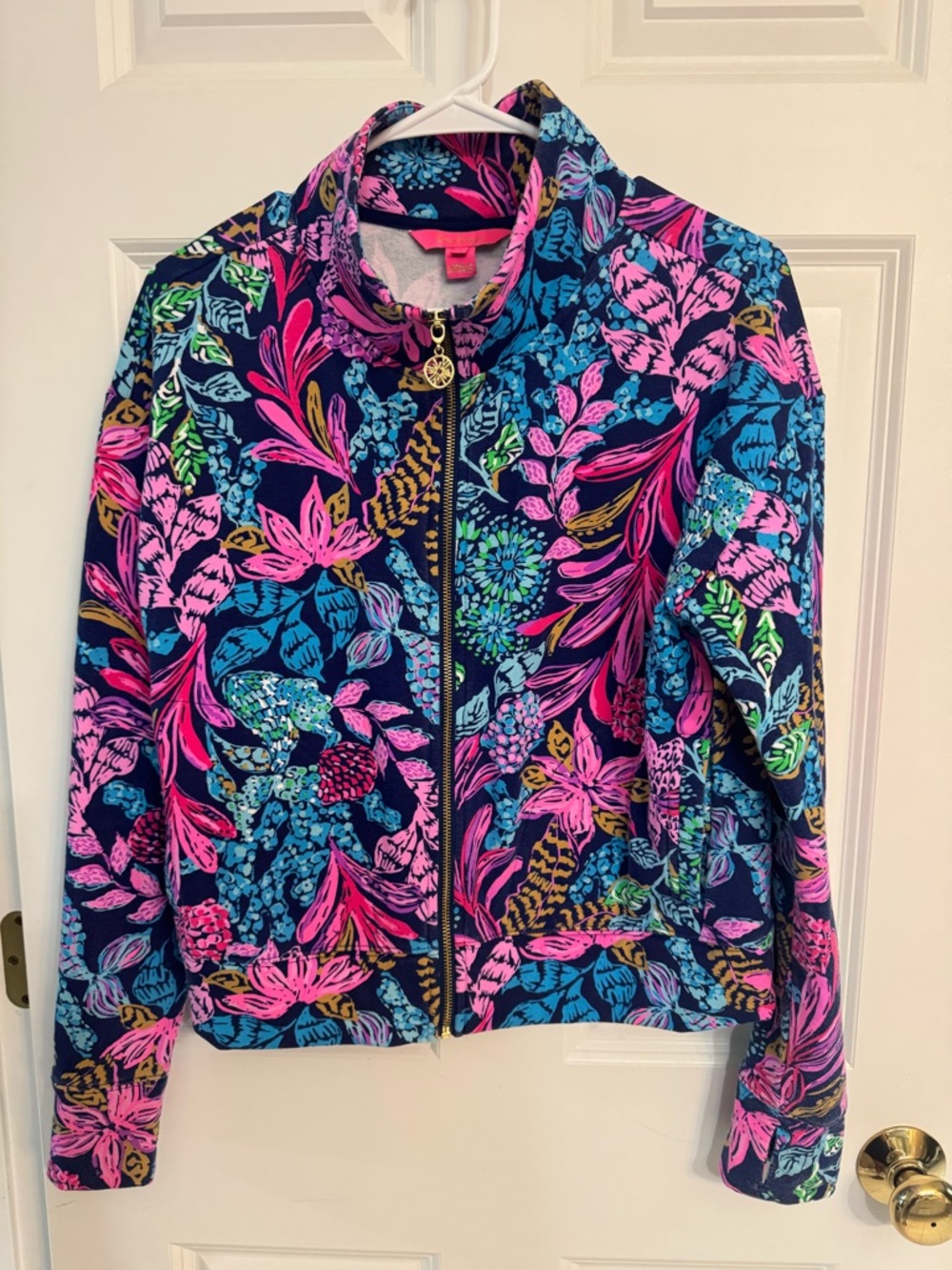Lilly Pulitzer Navy Floral Zip Bomber Jacket with Pink & Teal Accents - Picture 4 of 4